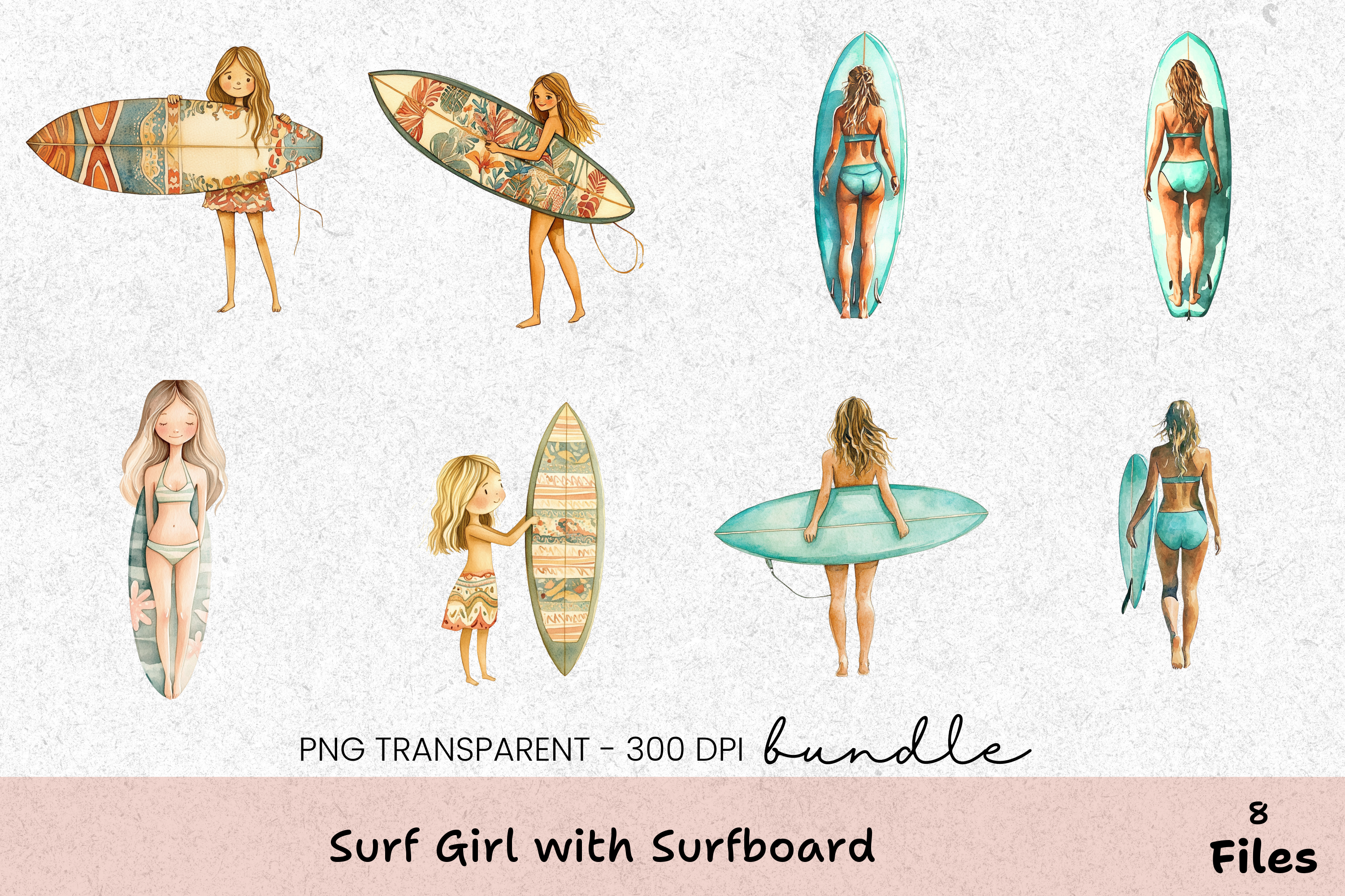 Surf Girl Clipart Bundle with Surfboard