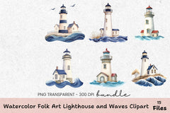 Folk Art Lighthouse and Waves Clipart Bundle - CraftNest - Digital Crafting and Art