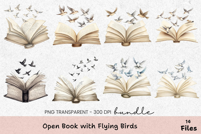 Open Book with Flying Birds Clipart Bundle - CraftNest - Digital Crafting and Art