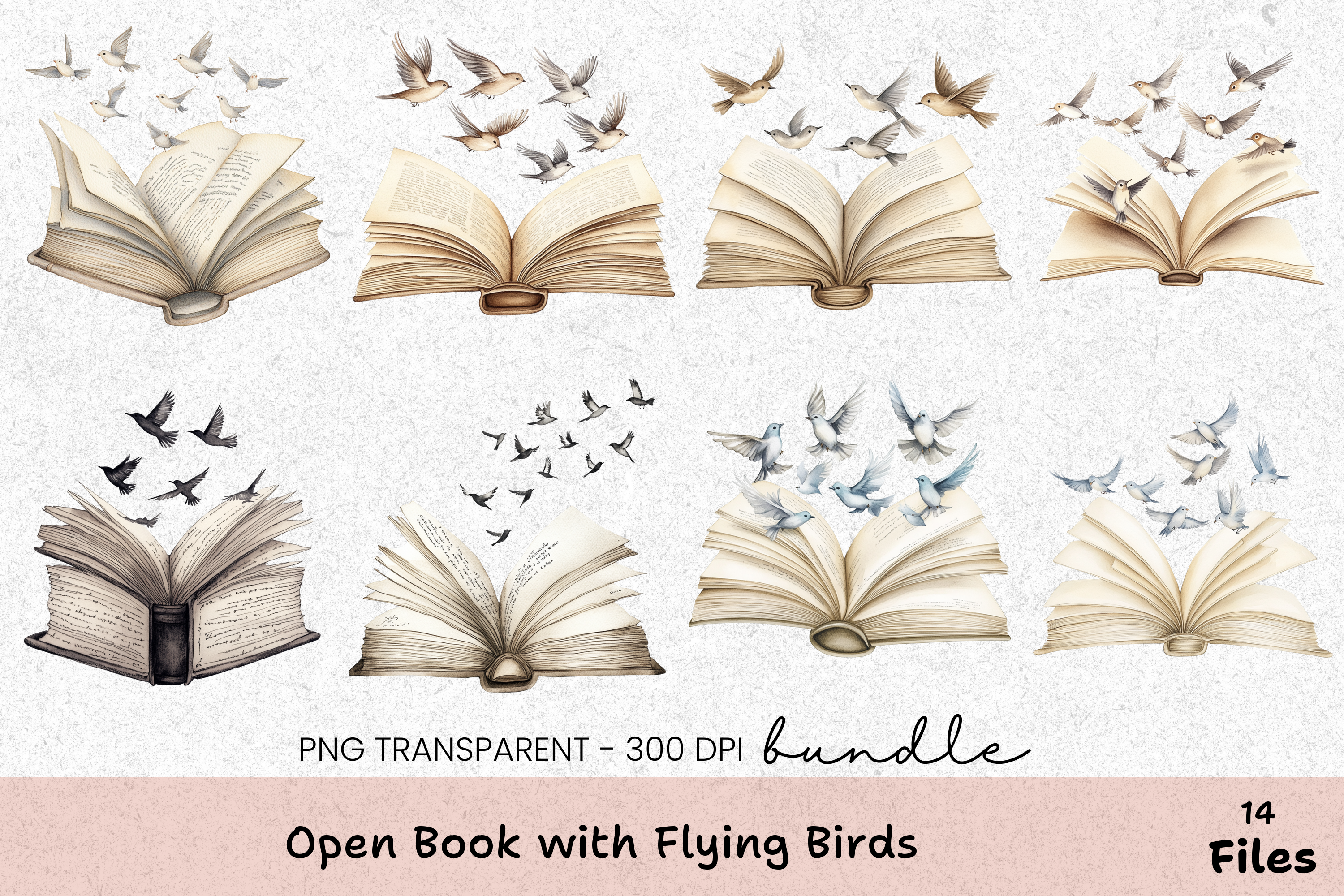Open Book with Flying Birds Clipart Bundle
