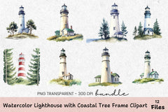 Lighthouse with Coastal Tree Frame Clipart Bundle - CraftNest - Digital Crafting and Art