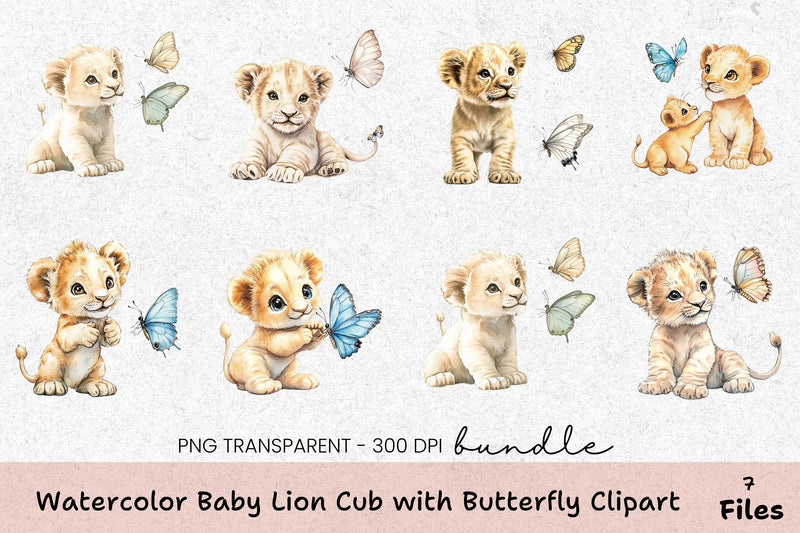 Baby Lion Cub with Butterfly Clipart Bundle - CraftNest - Digital Crafting and Art