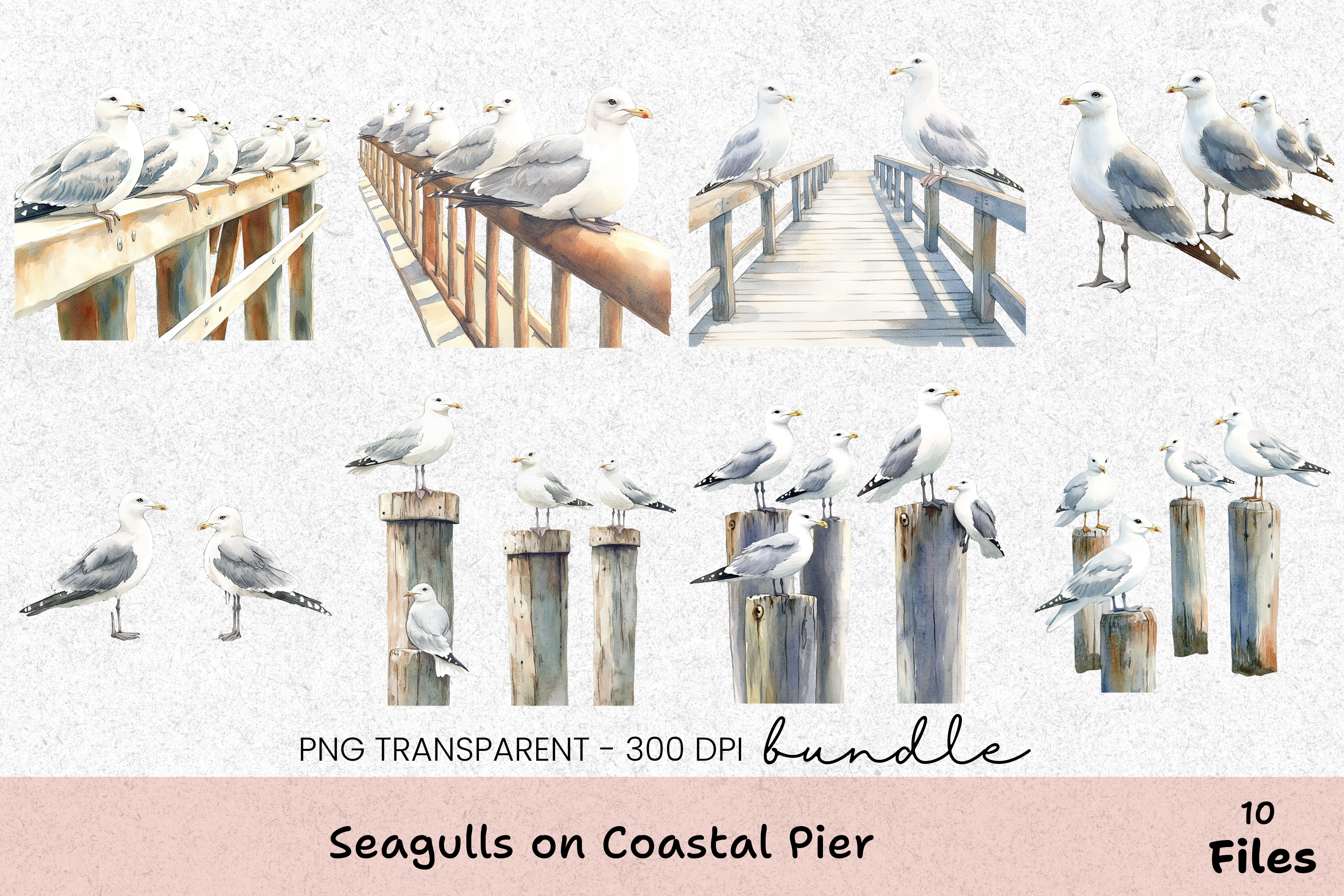 Seagulls on Coastal Pier Clipart Bundle