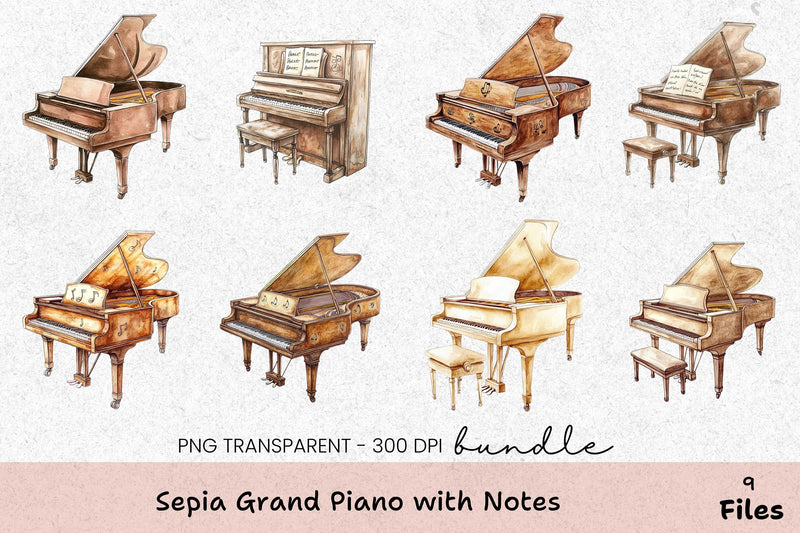 Sepia Grand Piano Clipart Bundle with Musical Notes - CraftNest - Digital Crafting and Art