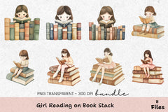 Girl Reading on Book Stack Clipart Bundle - CraftNest - Digital Crafting and Art