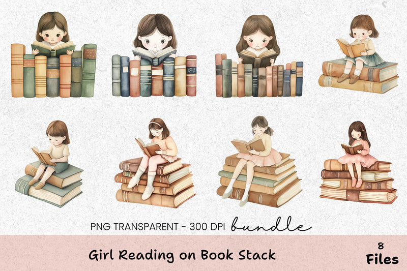 Girl Reading on Book Stack Clipart Bundle - CraftNest - Digital Crafting and Art