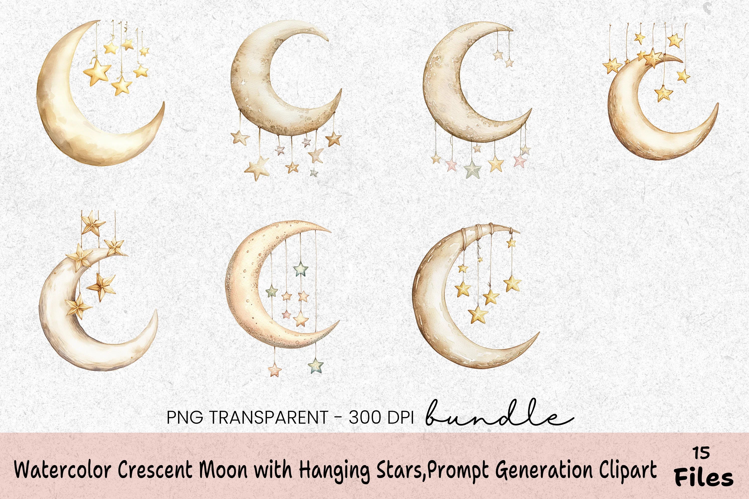 Crescent Moon with Hanging Stars Clipart Bundle - CraftNest - Digital Crafting and Art