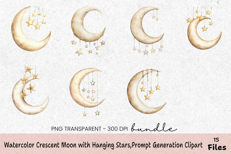 Crescent Moon with Hanging Stars Clipart Bundle - CraftNest - Digital Crafting and Art
