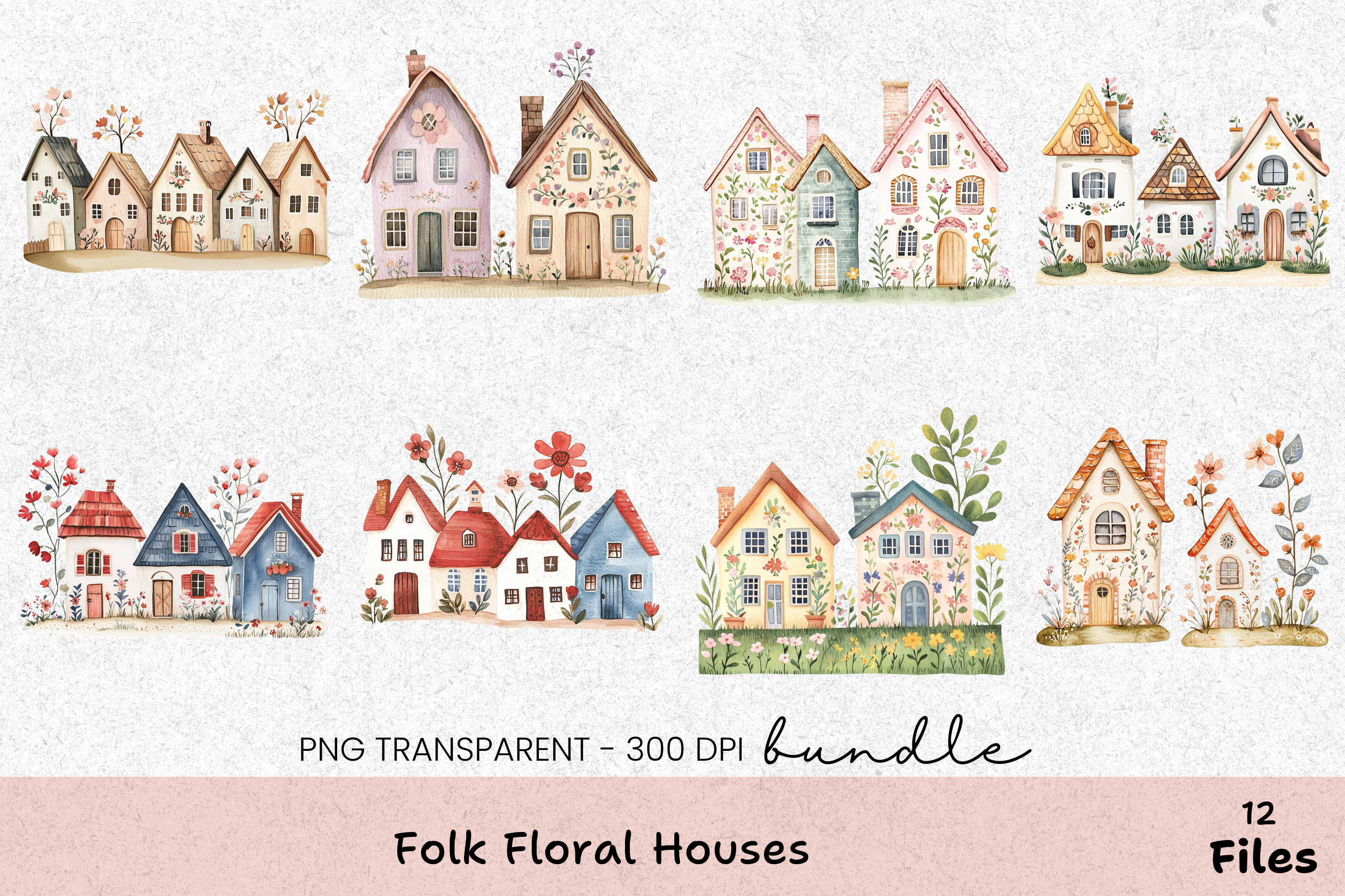 Folk Floral Houses Clipart Bundle