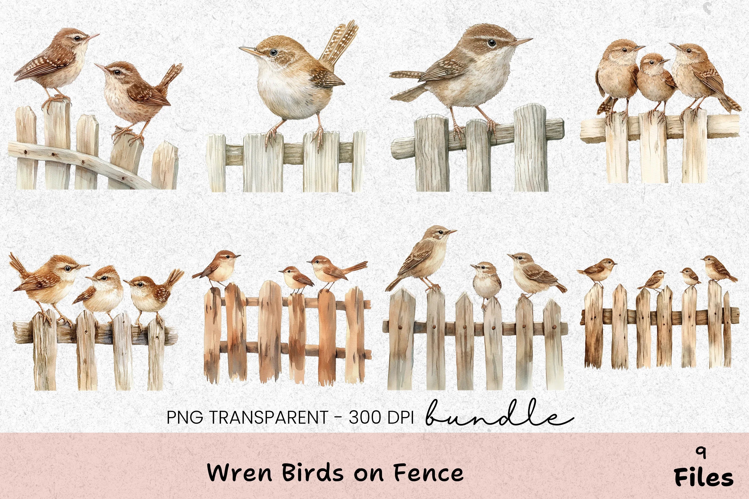 Wren Birds on Fence Clipart Bundle - CraftNest - Digital Crafting and Art