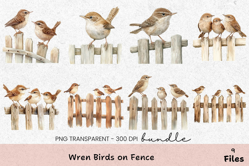 Wren Birds on Fence Clipart Bundle - CraftNest - Digital Crafting and Art