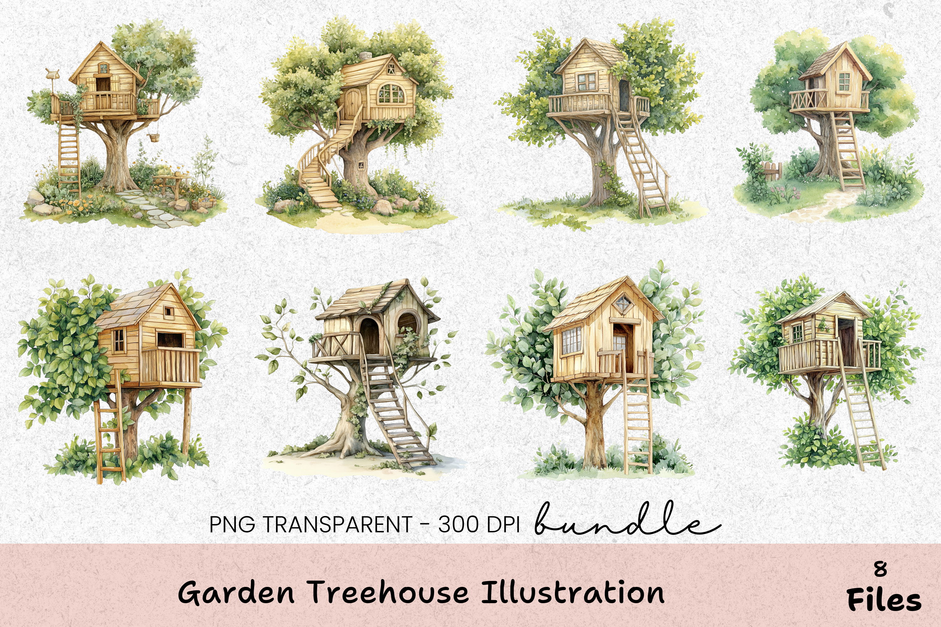 Garden Treehouse Illustration Clipart Bundle