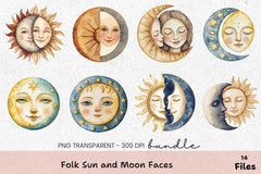 Folk Sun and Moon Faces Clipart Bundle - CraftNest - Digital Crafting and Art