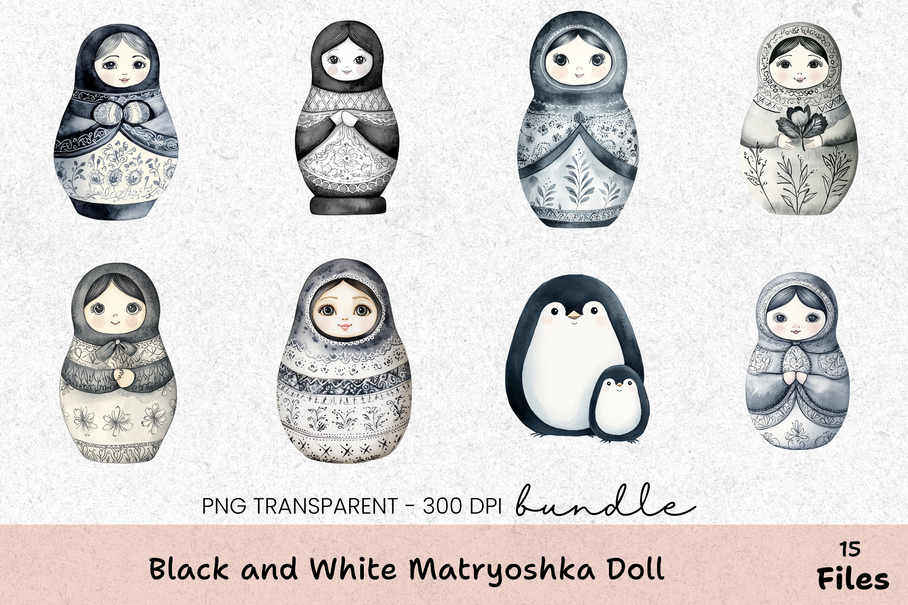 Black and White Matryoshka Doll Clipart Bundle