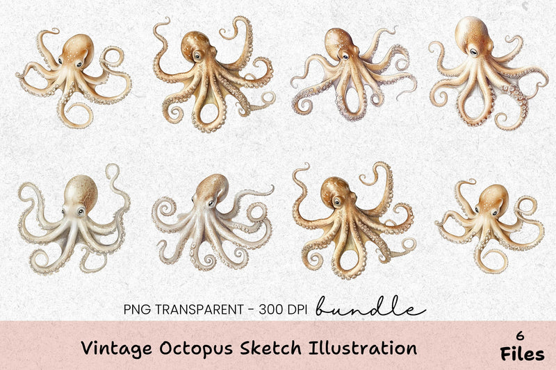 Vintage Octopus Sketch Illustration Clipart Bundle - CraftNest - Digital Crafting and Art