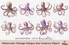 Vintage Octopus Sea Creature Clipart Bundle - CraftNest - Digital Crafting and Art