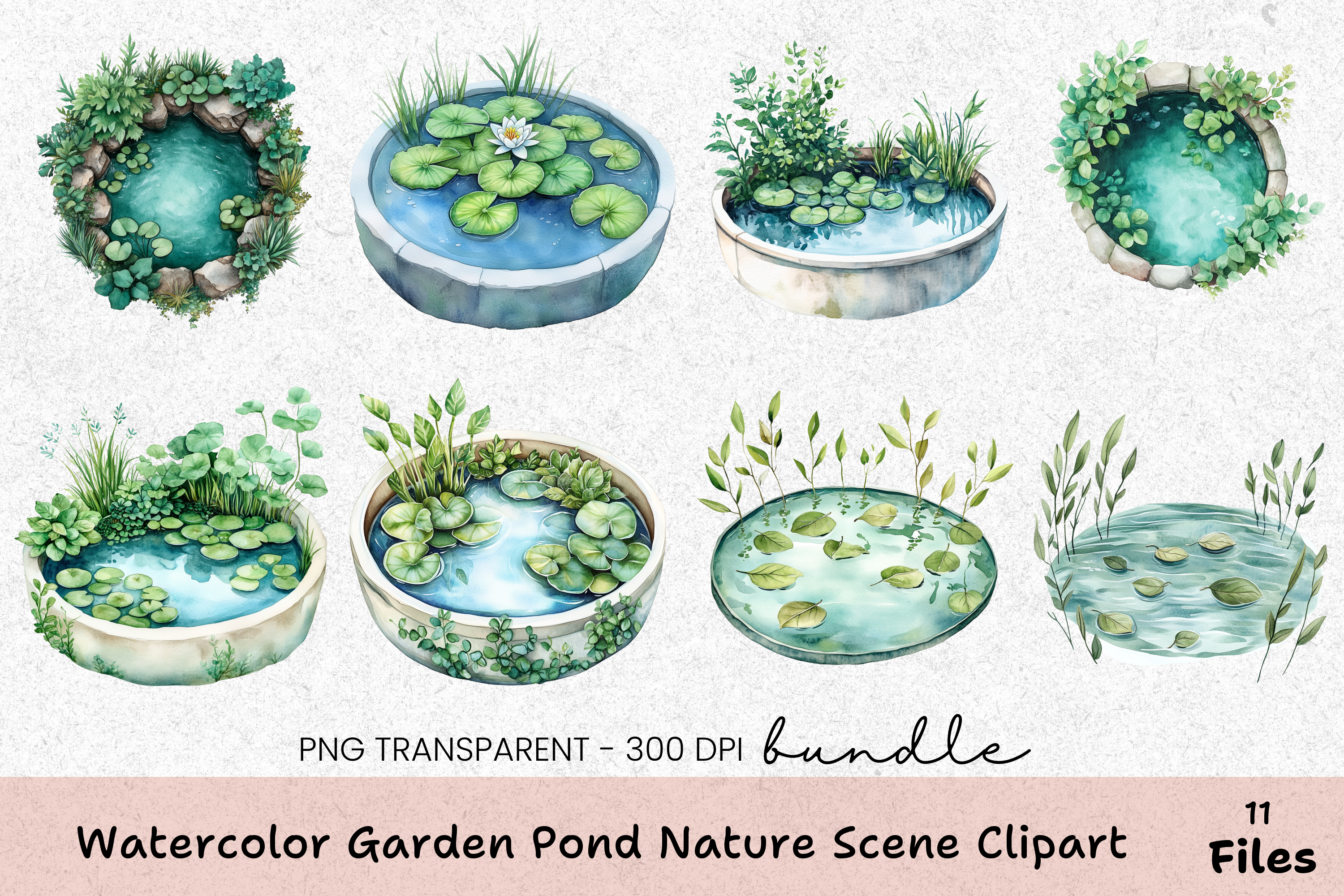 Garden Pond Nature Scene Clipart Bundle