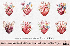 Anatomical Floral Heart with Butterflies Clipart Bundle - CraftNest - Digital Crafting and Art