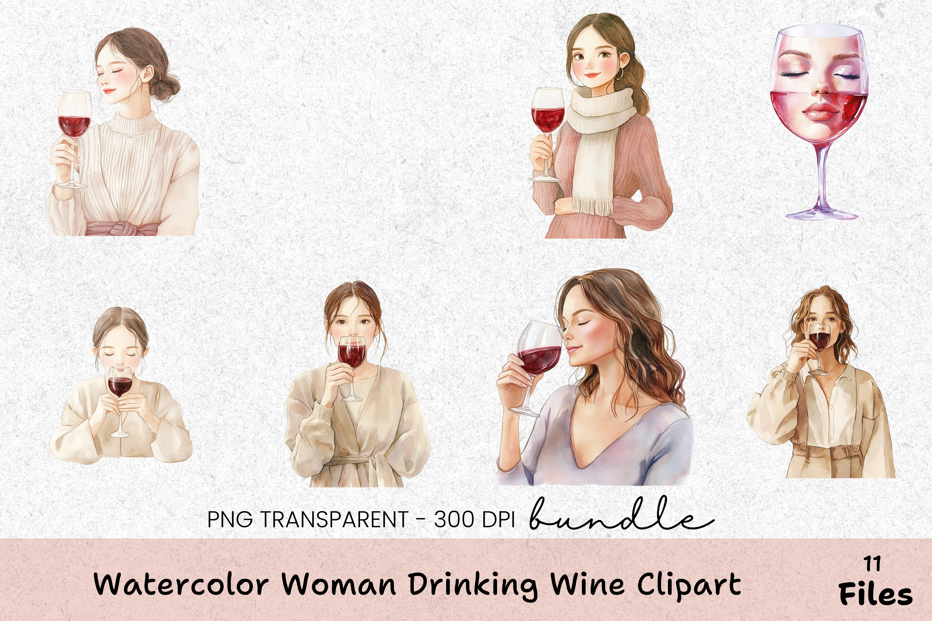 Elegant Woman Drinking Wine Clipart Bundle