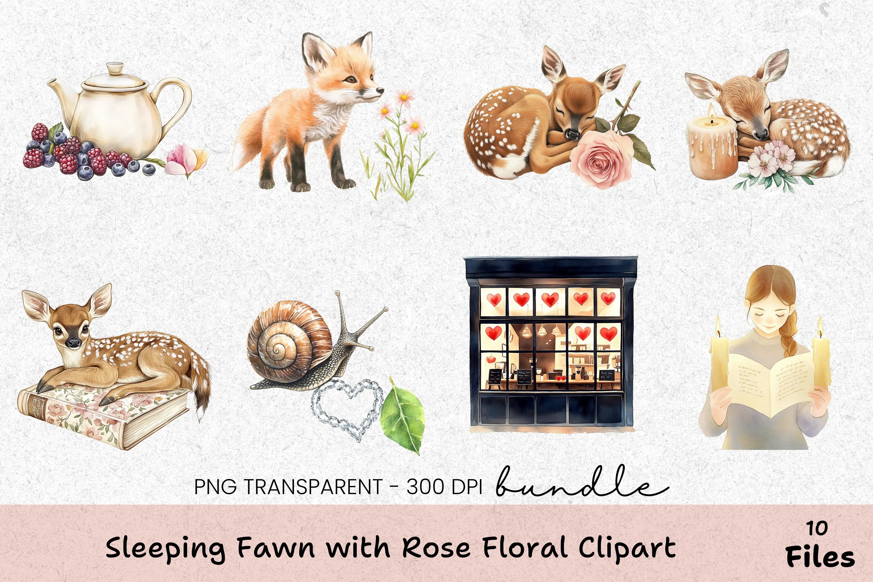 Sleeping Fawn with Rose Floral Clipart Bundle - CraftNest - Digital Crafting and Art