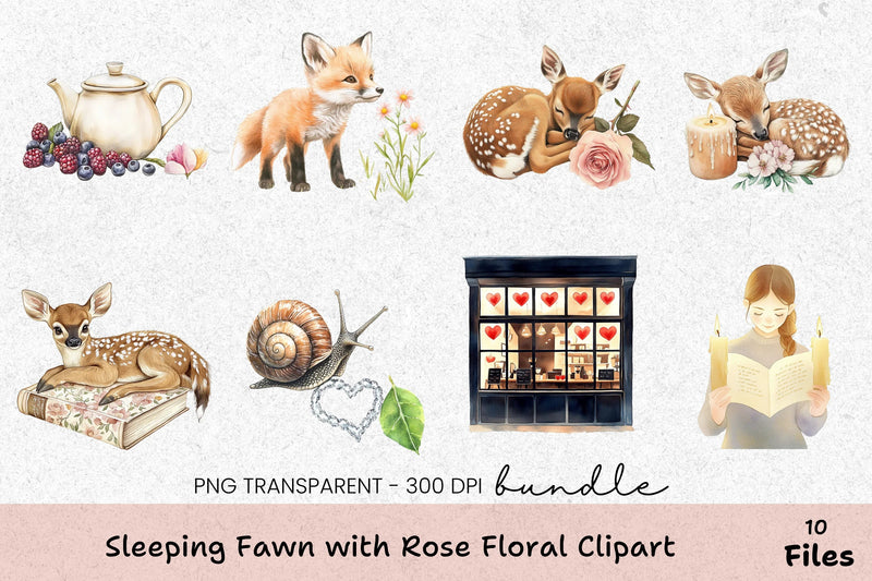 Sleeping Fawn with Rose Floral Clipart Bundle - CraftNest - Digital Crafting and Art