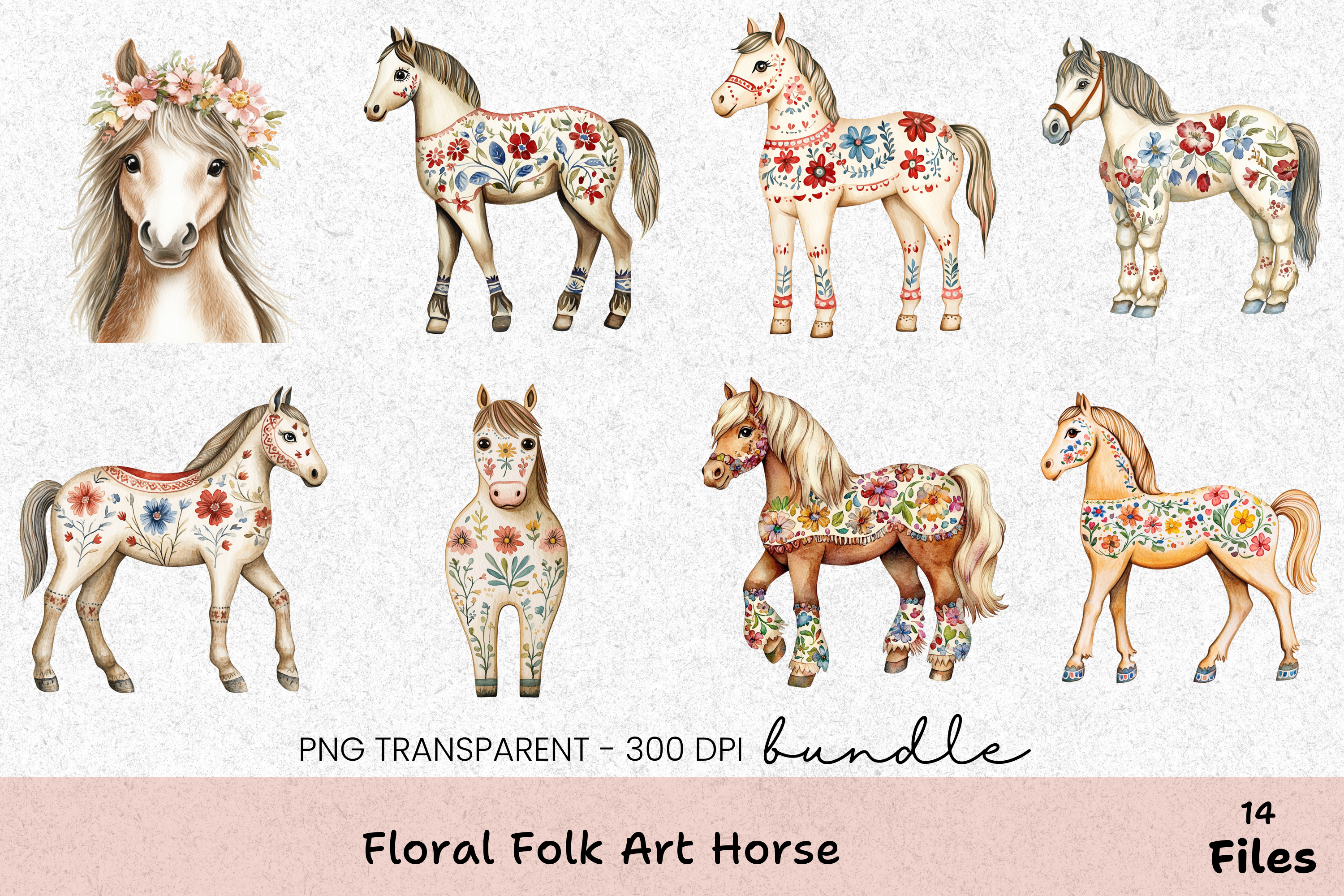 Floral Folk Art Horse Clipart Bundle