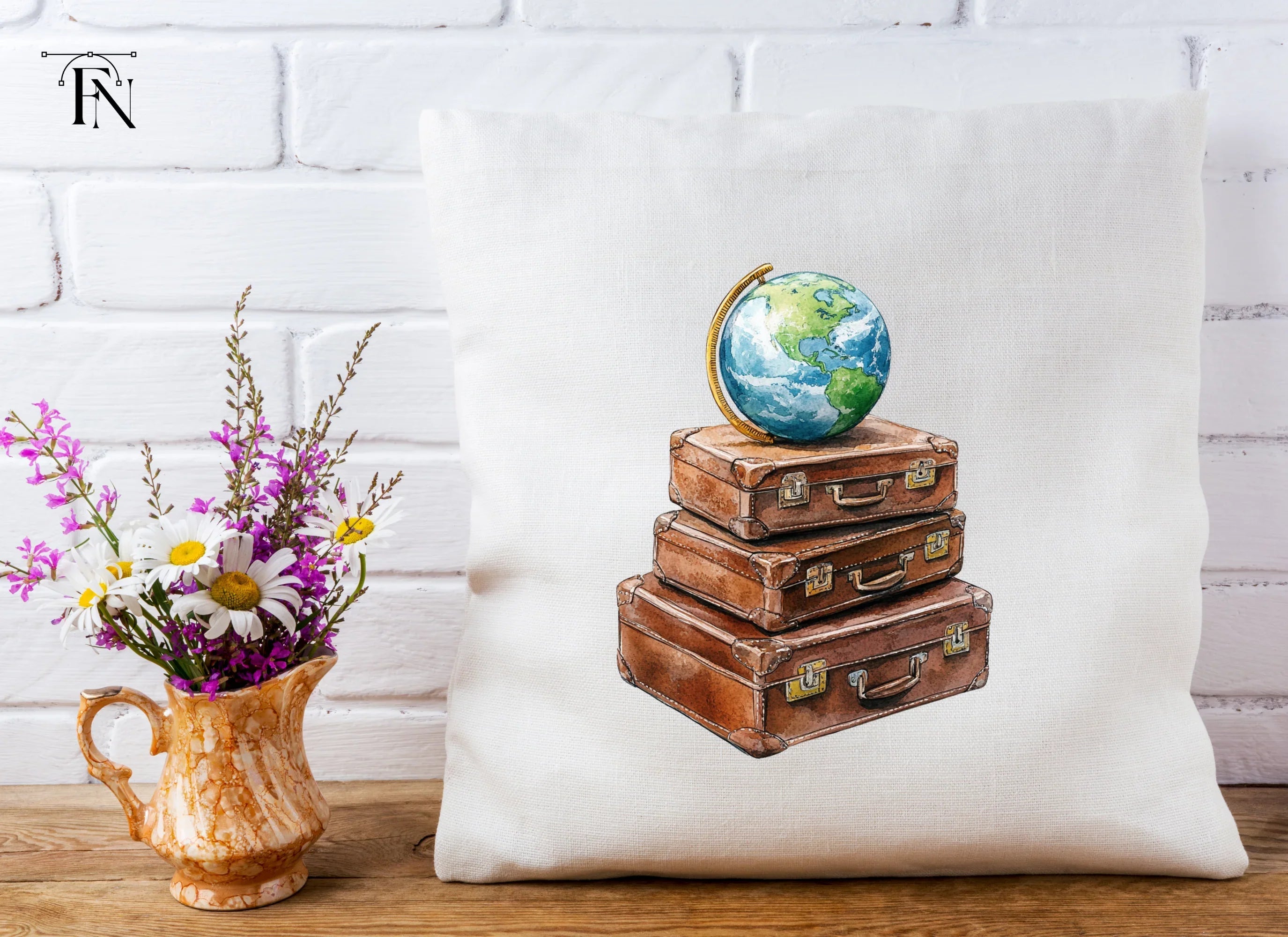 Vintage Travel Suitcases with Globe Clipart Bundle