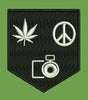 Shield Emblem with Leaf Peace and Camera Icons Embroidery Design