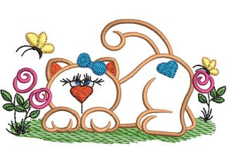 Cat With Flower Embroidery Design